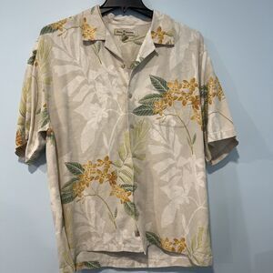 Tommy Bahama Shirt 100% Silk Bannana Flower Print Size XL EUC
